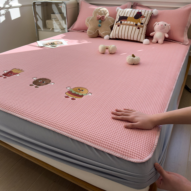 2025 nuevo estilo waffle cool silueta de seda de hielo sábana de cama de una sola pieza funda protectora de colchón fresco funda de cama de dibujos animados