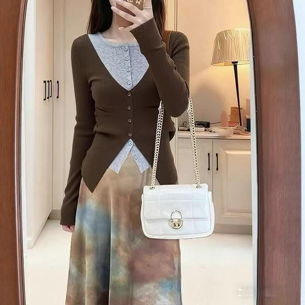 法式高级感洋气修身显瘦百搭长袖V领拼接撞色假两件针织衫上衣女|undefined