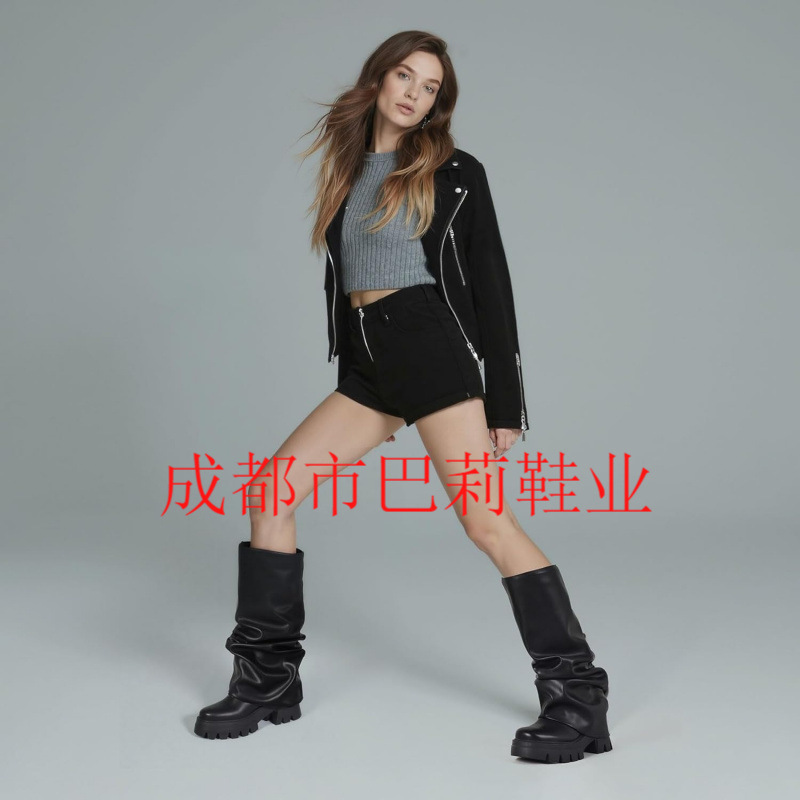 女式折叠靴休闲靴宽小腿褶皱防水台靴红色中高靴子厚实叠层靴大码|undefined