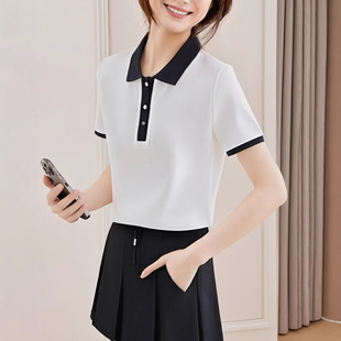 2025 Summer Contrast Color Polo Collar Short Sleeve Shirt Women's Top Trendy Cool Slim Commuting Versatile French Casual Shirt