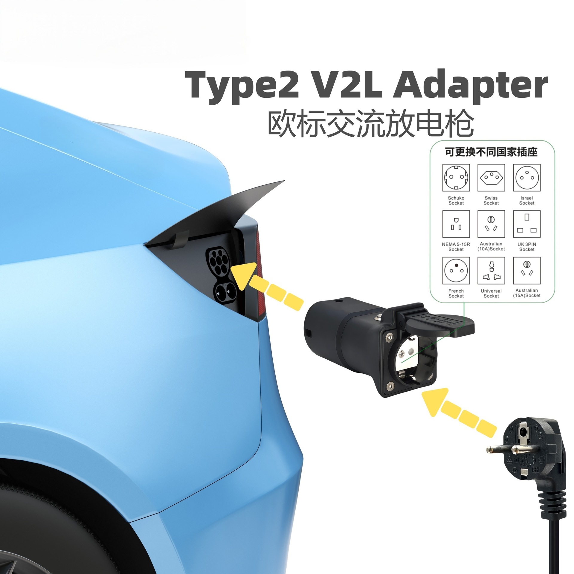 European Standard V2L Adapter for Electric Vehicle External Power Output, Suitable for Byd