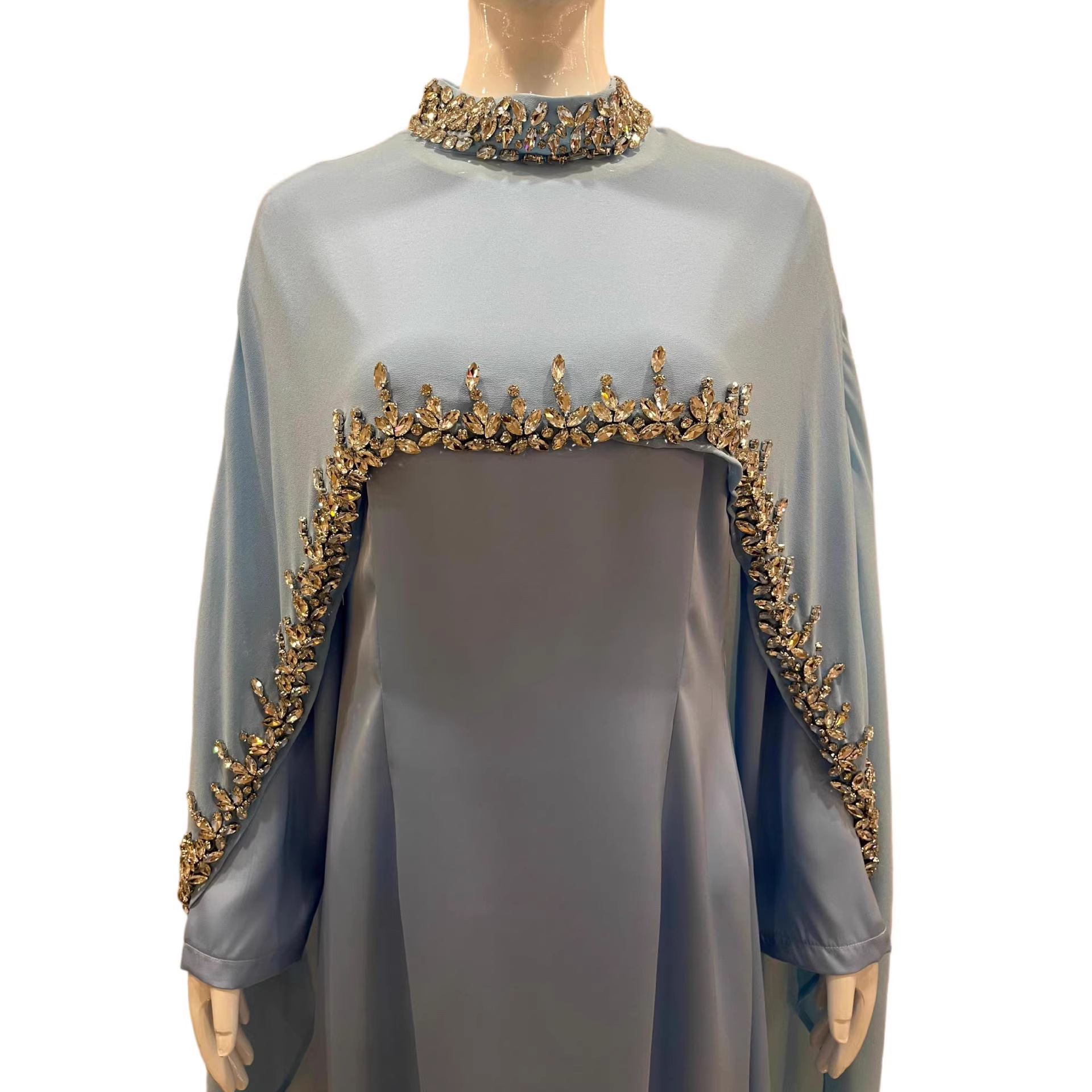 In-stock High-end Light Blue Diamond-embellished Cape Middle Eastern Dress Muslim Luxury Banquet Gown Arabian Robe_ecoleips.com