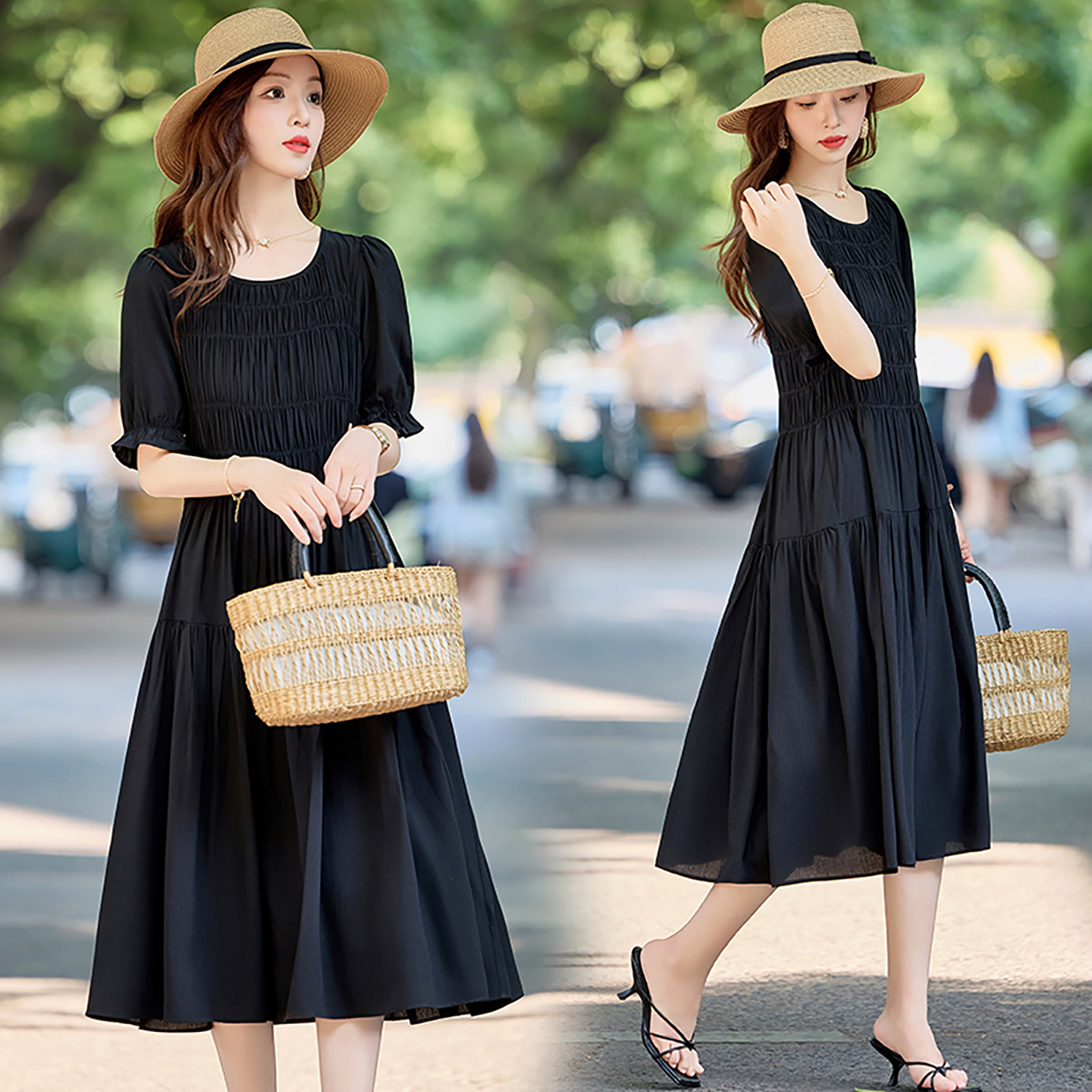 Đầm suông nữ midi che bụng eo màu trơn NI510 — Màu đen, Màu đỏ