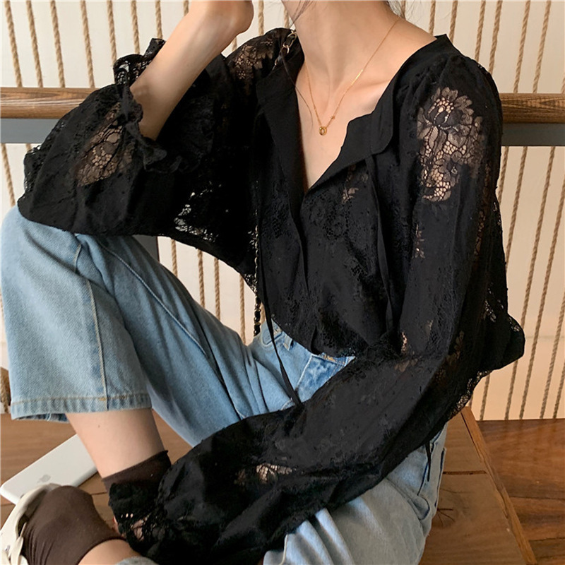 Fashionable Women's Tops Trendy 2025 Early Spring New Style Versatile Plus-Size Lace Slightly Sheer Lantern Sleeve Shirt