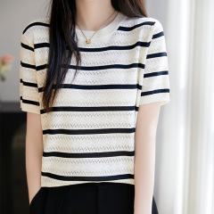 【メーカー直供】夏の新型衝突色縞丸襟天糸半袖tシャツ女性の短いタイプの痩せたニットウェア