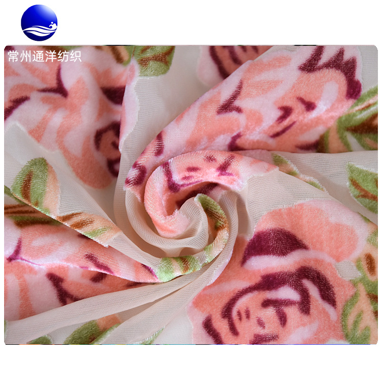 远销欧美的无弹梭织女装丝绒面料烂花烧花锦粘绒厂家供应