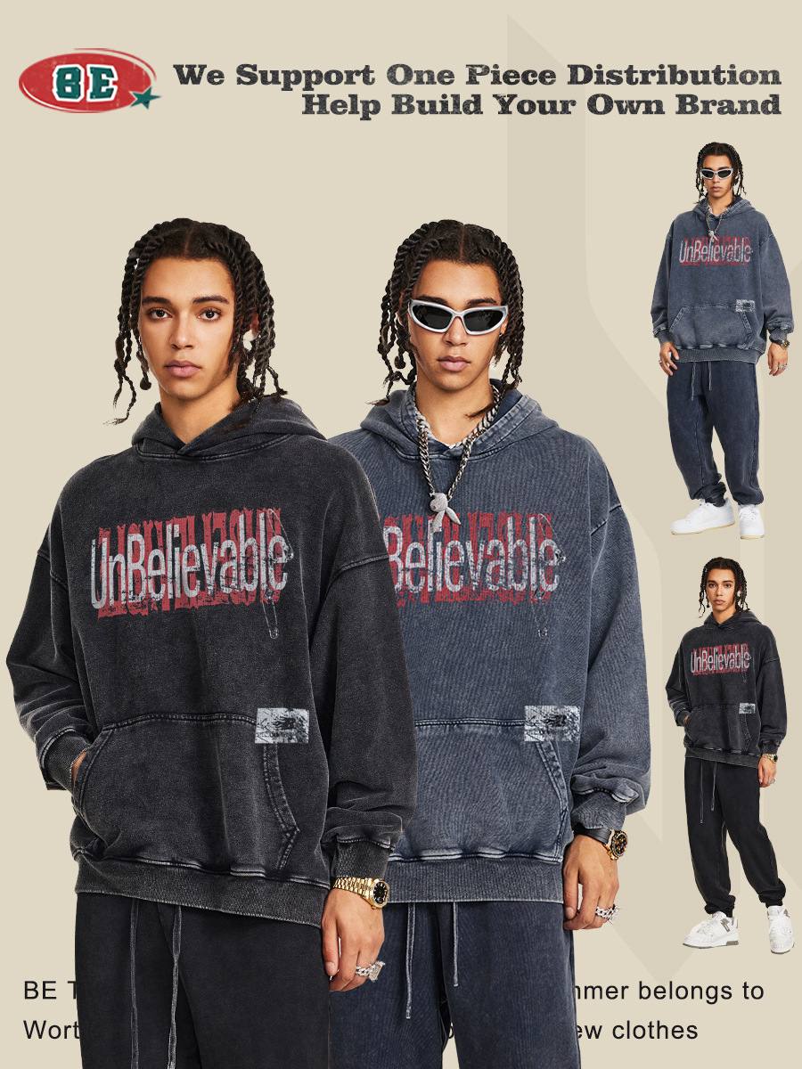 Be Hombres| Otoño y invierno de 2025 estilo americano pesado contraste de color relajado sentido de diseño retro hacer viejas camisetas con capuzas de moda masculina