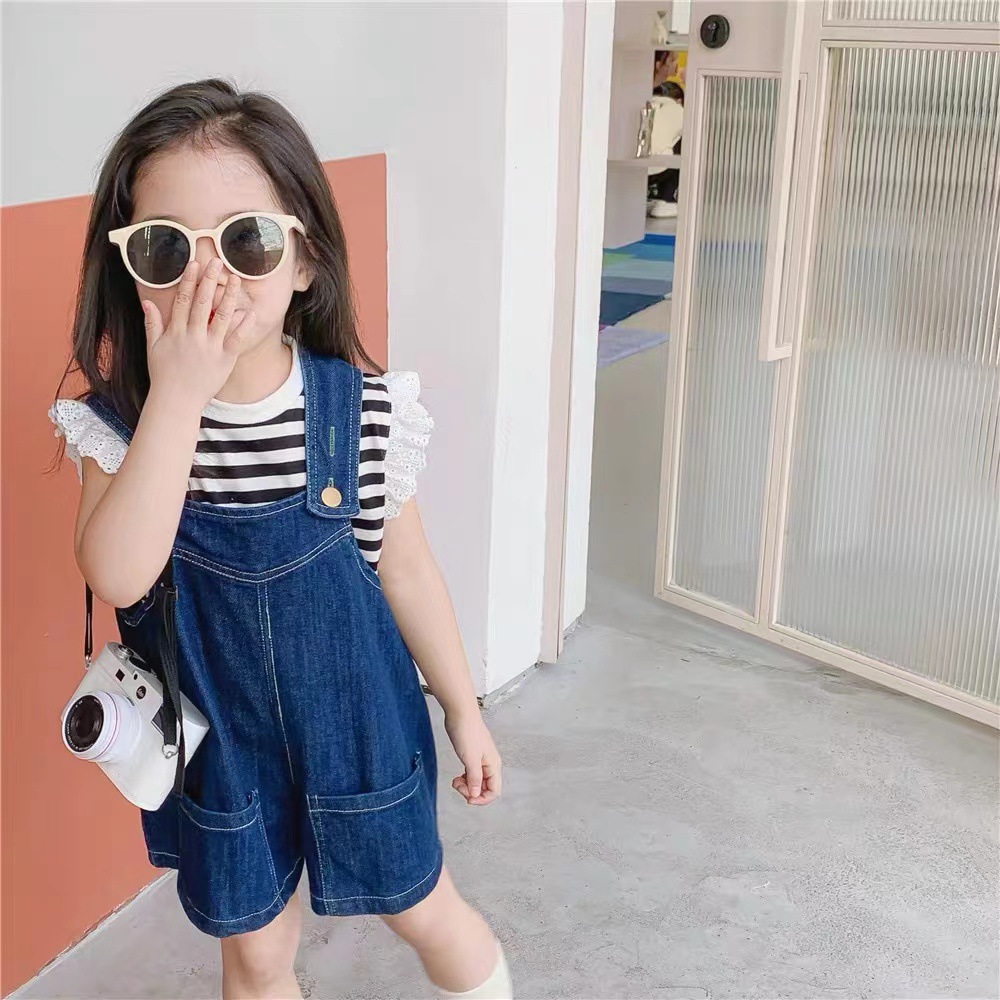 girl summer cowboy straps shorts Thin section children Easy Short sleeved Female baby leisure time camisole Wide leg pants