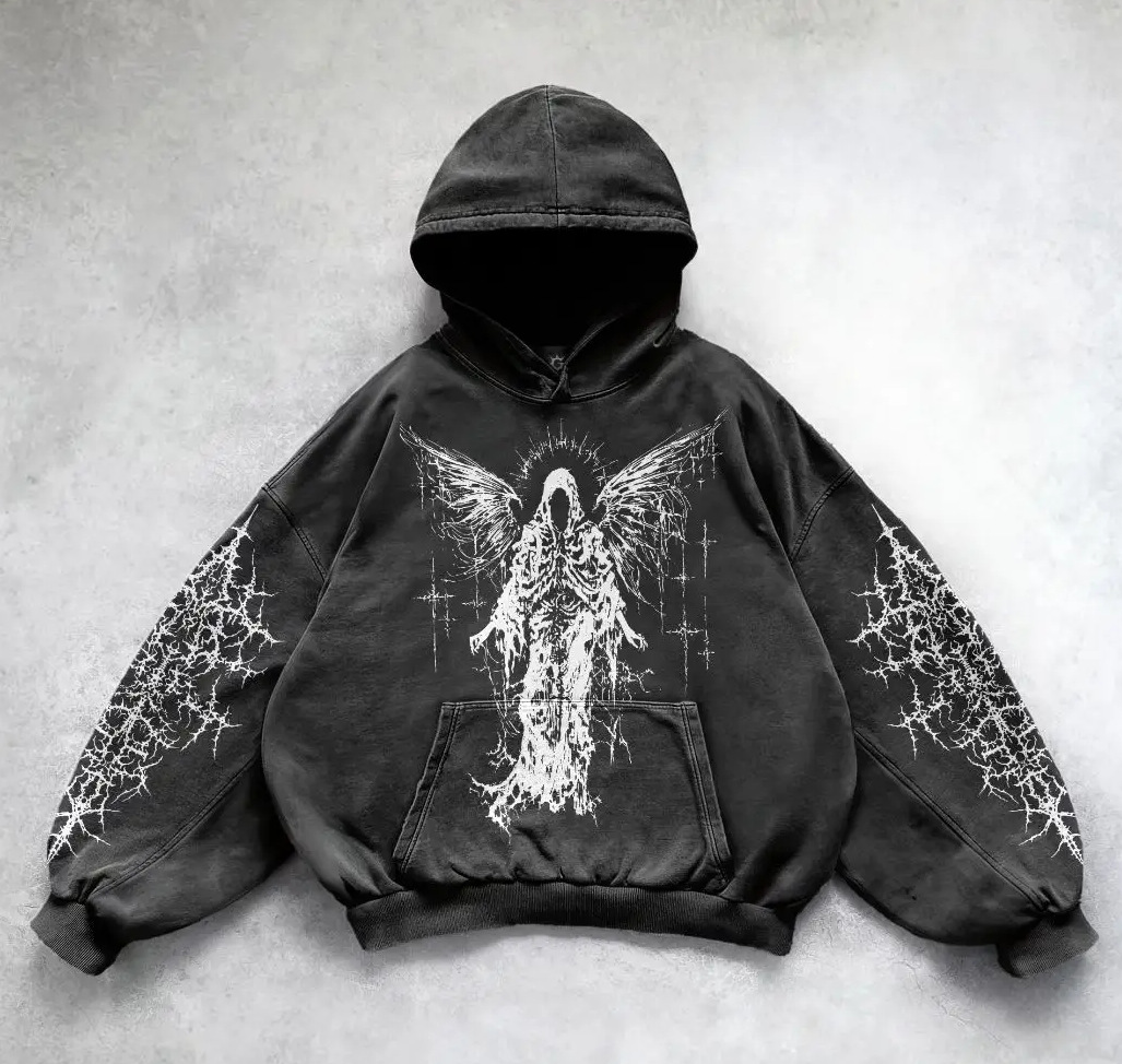 ​​Y2K Retro Punk Digital Print Hoodie - Gothic Couple Design Oversized Streetwear Sweatshirt, Unisex Vintage Style Pullover​​_viptrois.com
