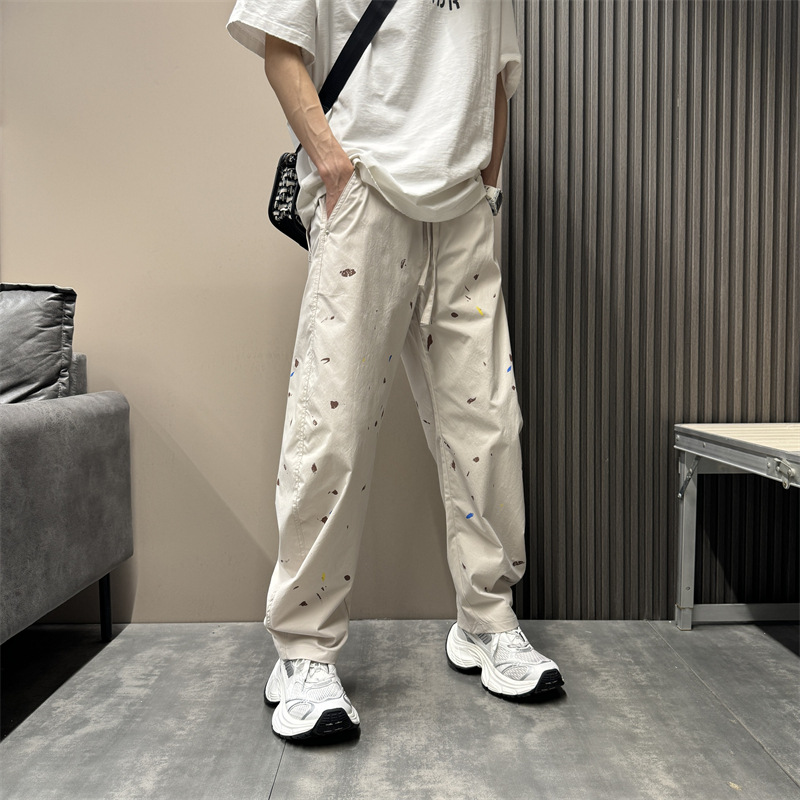 Pantalon décontracté à coupe étroite pour homme, coupe ample, coupe droite, coupe incurvée, sensation haut de gamme, effet vieilli, encre éclaboussée_voghion.com