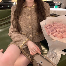 设计感小香风金色编织亮片显气质短外套女装圆领钉珠洋气短裙套装