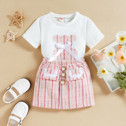 Baoxin children's clothing summer foreign trade new style small and medium-sized girls bear bow T-shirt small fragrant skirt two-piece set