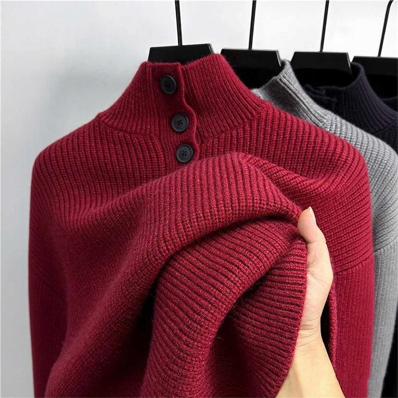 Old Money Style High-Neck Buttoned Knit Sweater for Men, Thickened and Warm, Winter Slim-Fit Red New Year Christmas Base Layer Sweater Old Money Style High-Neck Buttoned Knit Sweater for Men, Thickened and Warm, Winter Slim-Fit Red New Year Christmas Base Layer Sweater