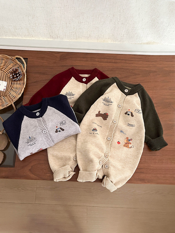 超萌小月龄外出服秋装婴儿衣服洋气撞色针织包屁哈衣新生可爱毛衣|undefined