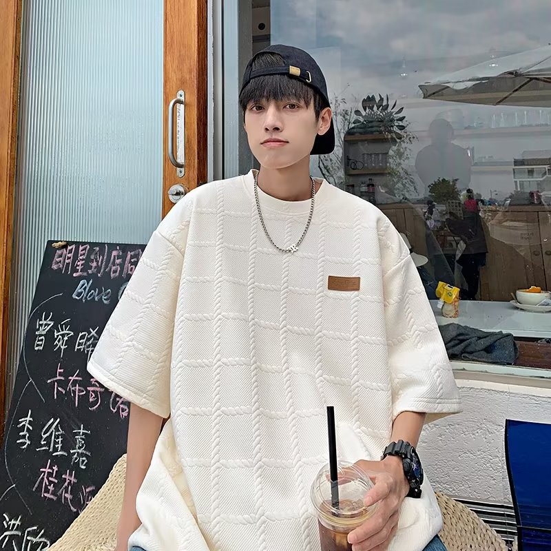 Summer Textured Jacquard New Design Short-Sleeved Men's Trendy Niche American Retro Loose Five-Quarter Sleeves