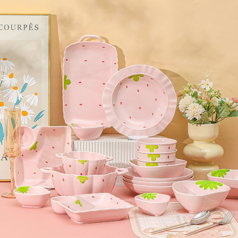 High-Value Strawberry Internet Celebrity Cute Girl Ceramic Ins Home Good-Looking Tableware Set Rice Bowl Soup Bowl Dish Plate