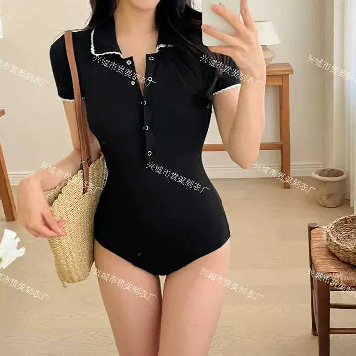 新款韩国ins风保守遮肚显瘦短袖高级感潜水服温泉度假连体泳衣女