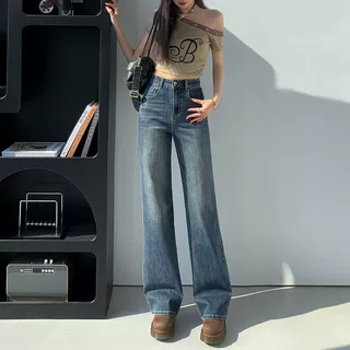 蓝色窄版直筒牛仔裤女2025春夏新款高腰宽松显瘦垂感小个子烟管裤