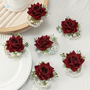 6Pcs Elegant Red Rose Wrist Corsages with White Gypsophila