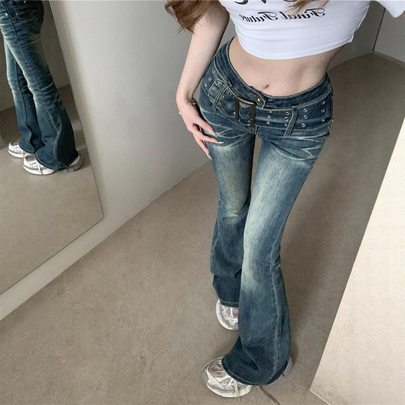 Vintage Washed Flared Jeans for Women, Spring and Autumn, Low-Waisted, Slimming, Horse Hoof Design, Long, Tight, Floor-Length Pants Vintage Washed Flared Jeans for Women, Spring and Autumn, Low-Waisted, Slimming, Horse Hoof Design, Long, Tight, Floor-Length Pants