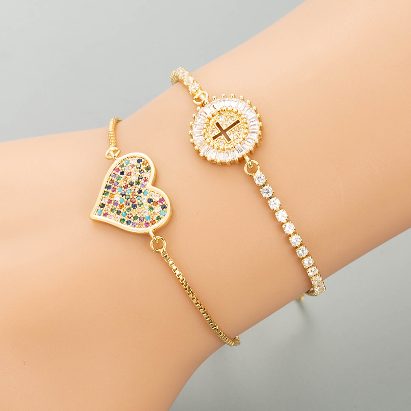 Nihaojewelry wholesale jewelry copper goldplated microinlaid zircon adjustable round heartshaped braceletpicture2