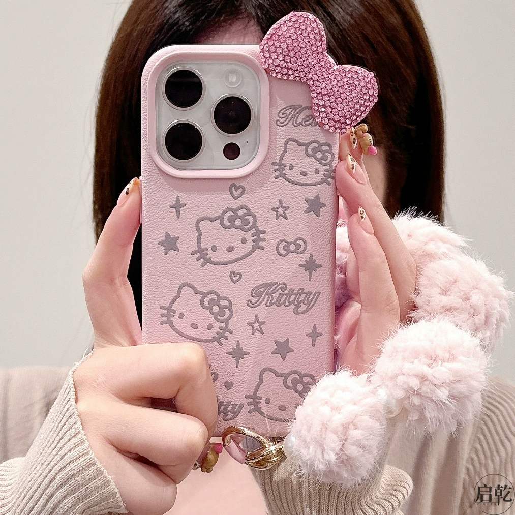 Чехол для телефона Hello Kitty, совместим с iPhone 11–17 серии, 3D бантик, имитационная кожа розовый с ремешком