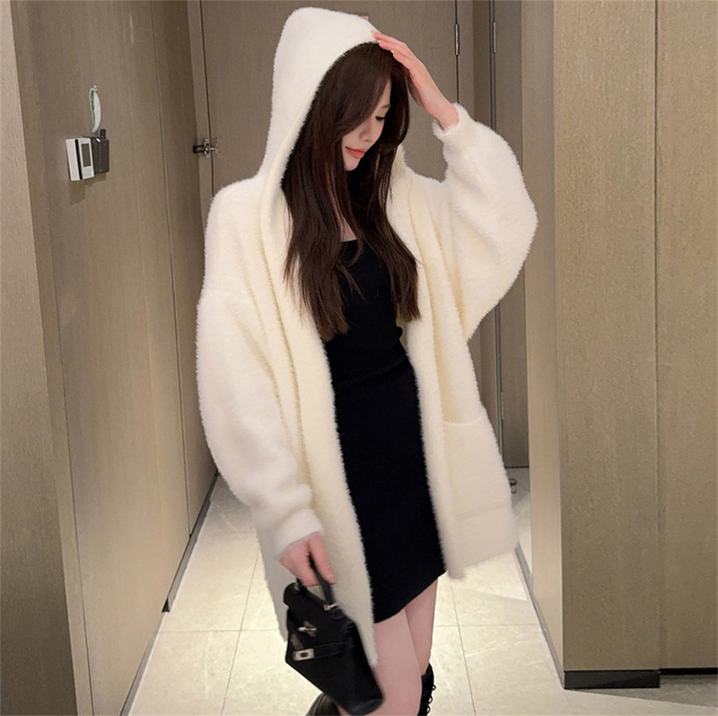 仿水貂绒连帽毛衣开衫女秋冬新款宽松中长款加厚软糯针织衫外套女|undefined