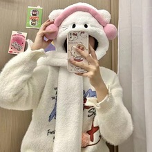 爆款可爱卡通耳机帽子围巾三合一耳机猫加绒加厚毛绒绒新款帽子