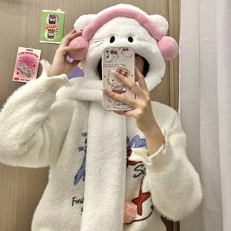 爆款可爱卡通耳机帽子围巾三合一耳机猫加绒加厚毛绒绒新款帽子