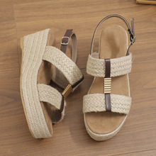流行夏季新款欧美大码麻绳编织坡跟女士凉鞋欧美大码43现货亚马逊