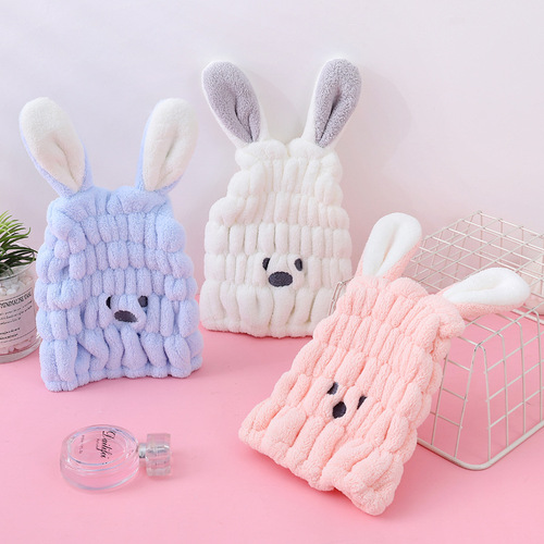 Coral velvet children's hair drying cap for women, thickening and super strong baby bunny ear head drying hair towel, water-absorbent and quick-drying cartoon shower cap