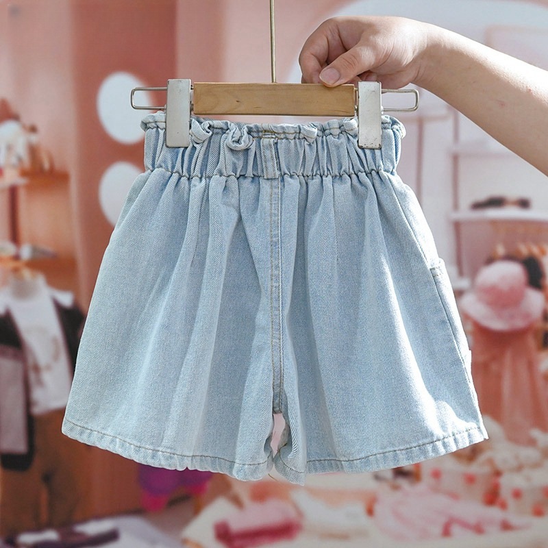 2025年新作女の子レースデニムショートパンツ、中型および大型子供用夏用薄手スタイル子供用夏用パンツ、多用途|undefined