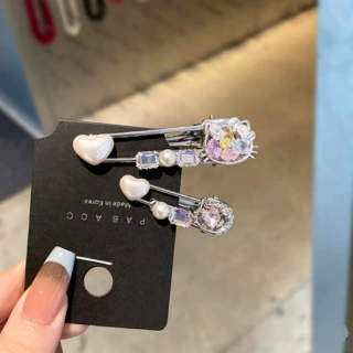 韩系精致小众高颜值彩钻kt猫爱心发夹刘海鸭嘴夹氛围感懒人边夹