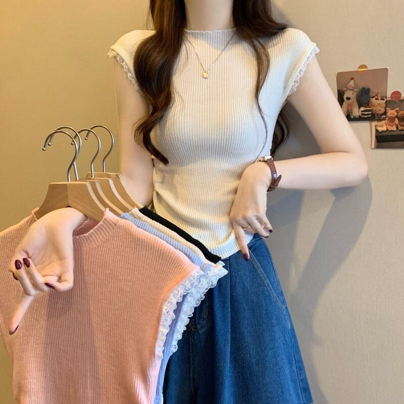 Lace Splicing Right Shoulder Knitted Short-Sleeved Women's Summer Thin Design Niche Pleated Waist Slimming Bottoming Shirt Top