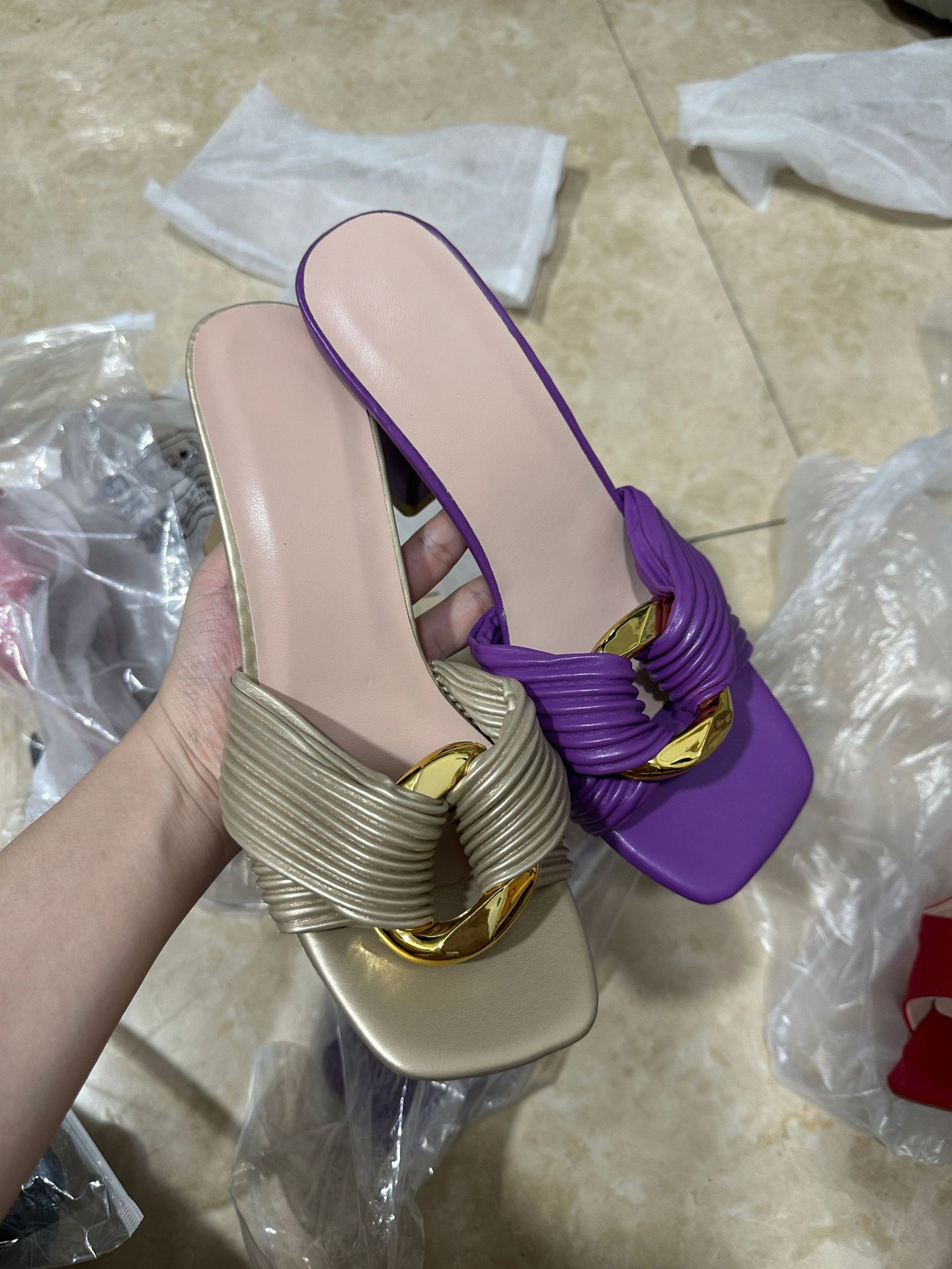 plus Size Women's Elegant Square Toe Sandals High Heels Chunky Heel Metal Buckle Sexy Style New Summer Export_vogvips.com