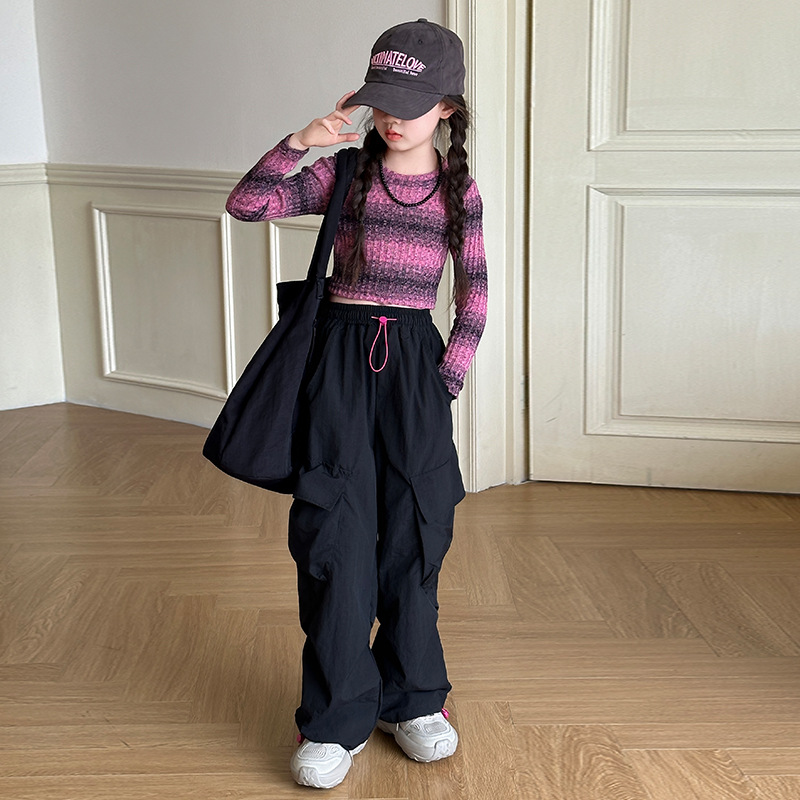 소녀 줄무늬 티셔츠 세트 2024 가을 원피스 대형 어린이 스웨터 작업복 바지 봄과 가을 트렌디 쿨 투피스 대외 무역 세트