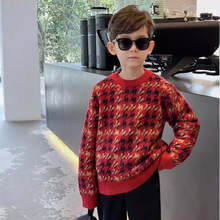 清仓  亲子装2025秋装新款一家三口毛衣千鸟格圆领针织衫新年服