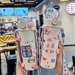 Spring-lid thermos cup for girls, cute student portable stainless steel water cup, simple and fresh forest style cross-body cartoon cup for girls