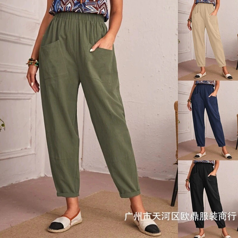 Same-Day Shipping Amazon Independent Site New Cotton-Linen Cropped Pants Elastic Waist Casual Pants with Pockets for Women