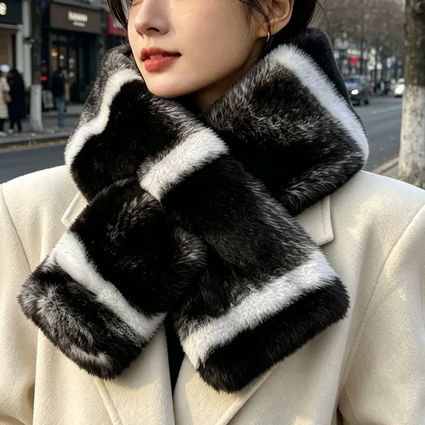 2026 new style faux rabbit fur gradient scarf, double-sided, fleece-lined, thickened for warmth, neck protection, and cold weather, with a crossover design