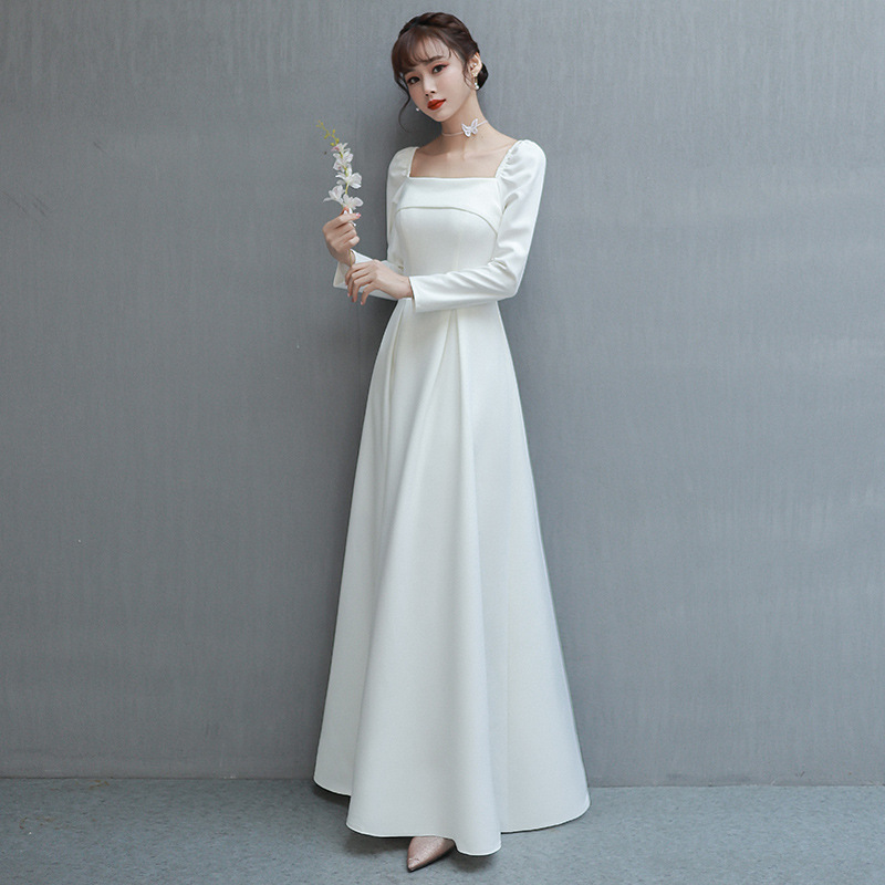 French-Style Evening Dress, Spring 2026 New Model, White Long-Sleeve Elegant Light Dress, Host Performance Annual Meeting Dress French-Style Evening Dress, Spring 2026 New Model, White Long-Sleeve Elegant Light Dress, Host Performance Annual Meeting Dress