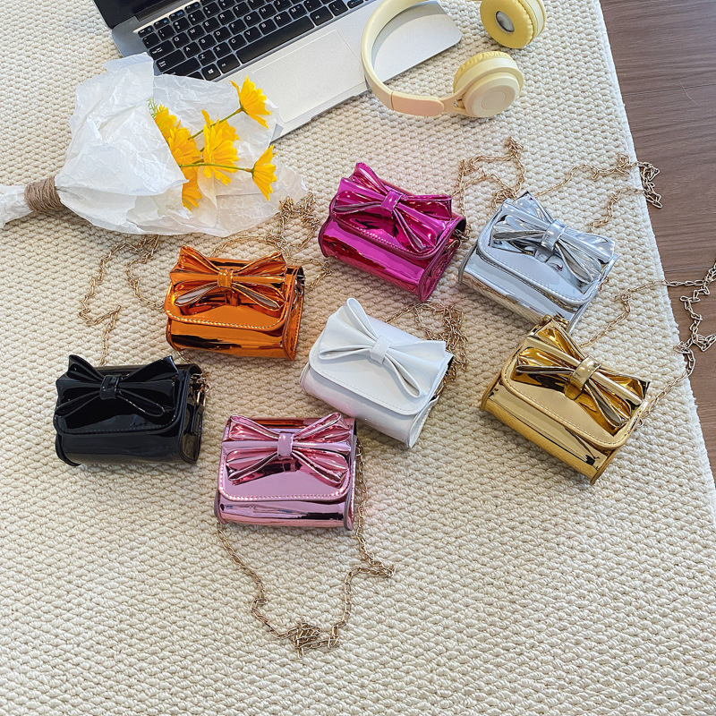 Hermosa bolsa de hombro para niñas con arco de arco, mini bolso de esmalte de espejo para padres e hijos, nuevo bolso para niños
