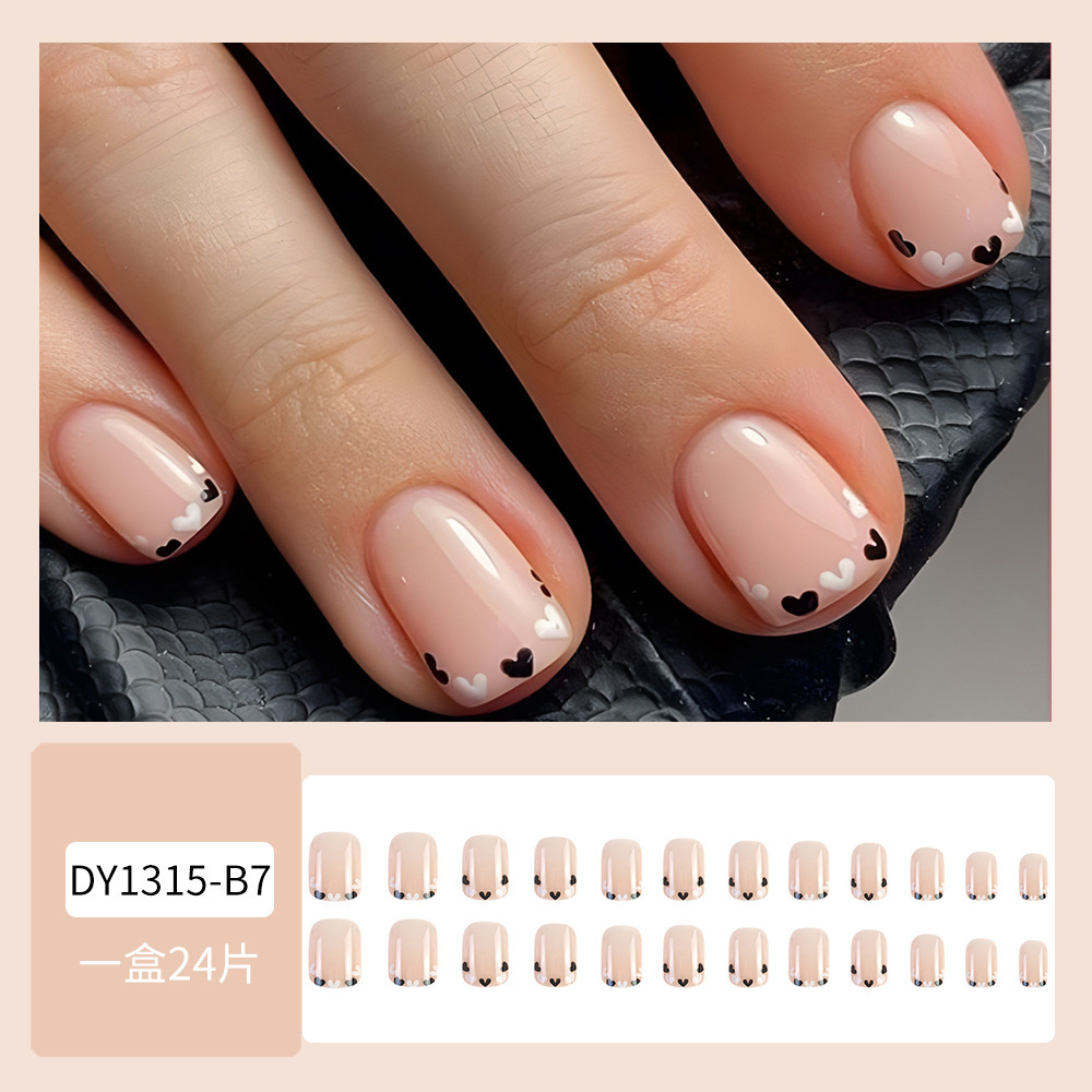 Ventas transfronterizas de polvo desnudo en blanco y negro, cuidado de uñas, dulce y simple, 24 piezas de uñas cortas falsas, parches de uñas falsas