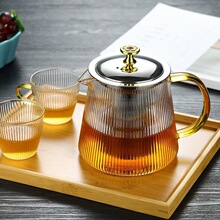 高硼硅玻璃泡茶壶不锈钢过滤茶壶竖纹彩色把手茶壶茶具透明花茶壶