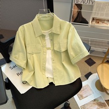 绿色短袖港风衬衫女夏季字母背心内搭休闲工装薄款外套短款上衣潮