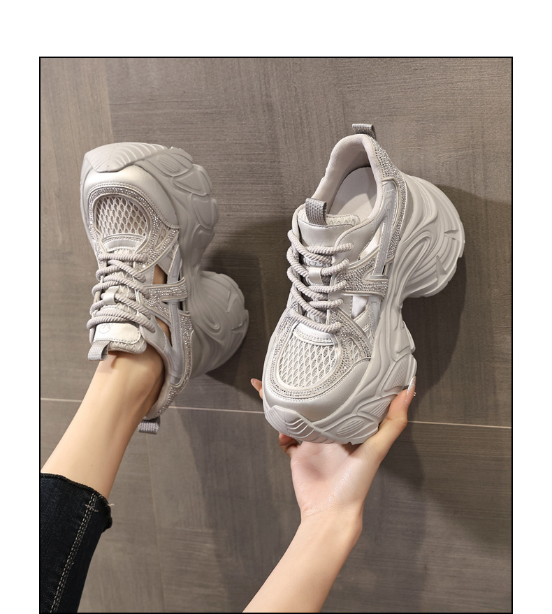 Giày sneaker nữ đế dày tăng chiều cao, mặt lưới đính đá lấp lánh — màu trắng chi tiết 14