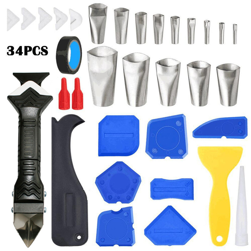 34件套美缝工具组合不锈钢喷嘴涂抹器刮板铲刀密封胶修整