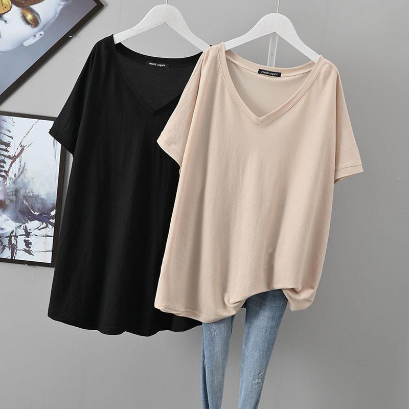 Extra Large Size 1.0-150kg Korean Style Loose Belly-coVering Versatile Mid-length Short-sleeVed V Neck Bottoming T-shirt Top for Women Extra Large Size 1.0-150kg Korean Style Loose Belly-coVering Versatile Mid-length Short-sleeVed V Neck Bottoming T-shirt Top for Women