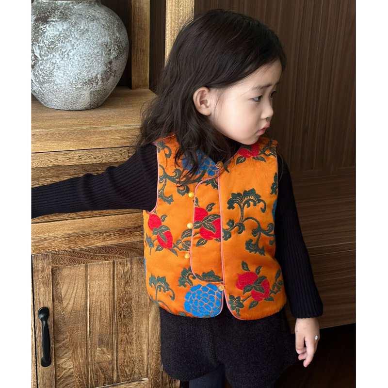中秋·国庆限定女童汉服马甲秋儿童重工提花圆领背心女孩抓周礼服|undefined