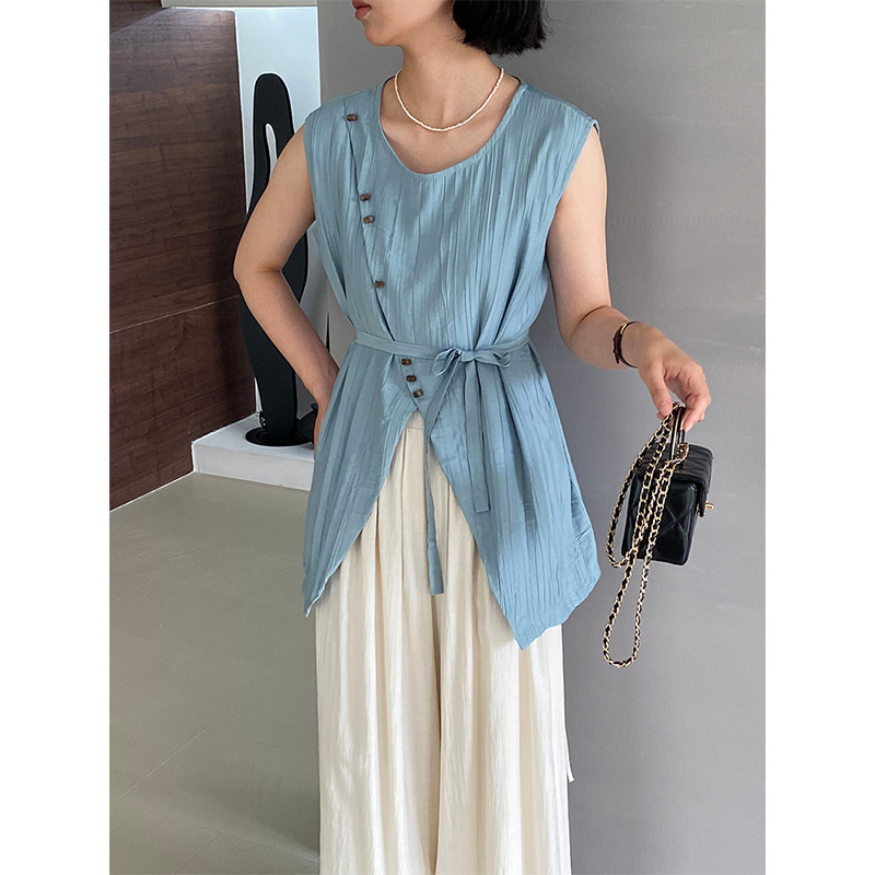 Jiangzuo Sensation over Everything: Relaxed Feel Round Neck Front Slit Irregular Tie Sleeveless Top for Women, New Summer Style 1122
